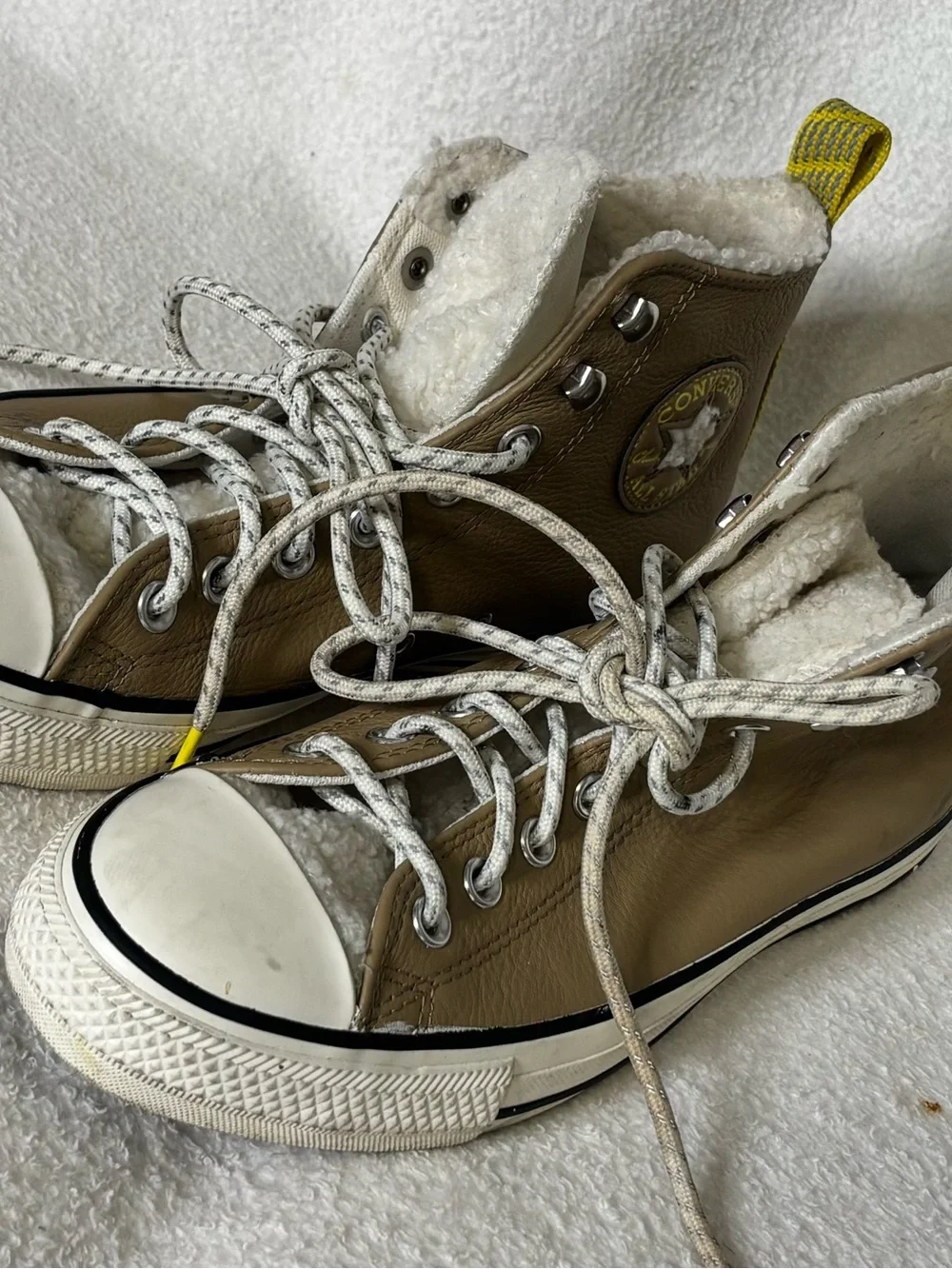 Converse Kids Tan High-Top Sneakers with White Sherpa Lining and Yellow Pull Tab